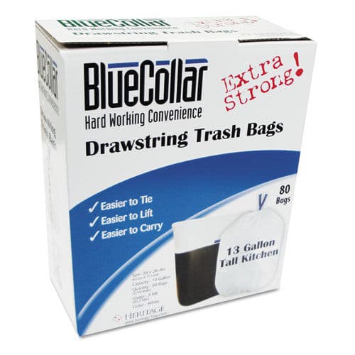 Drawstring Trash Bags, 13gal, 0.8mil, 24 x 28, White, 80/Box