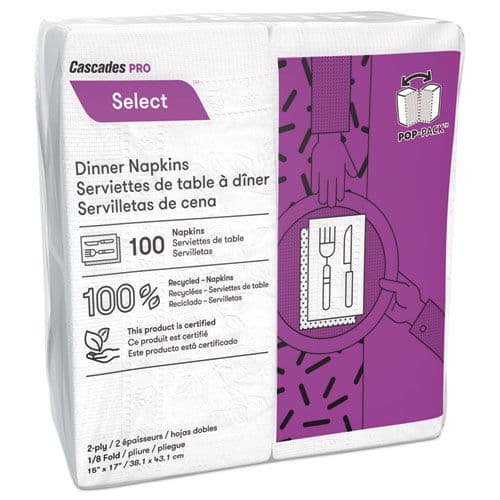 Select Dinner Napkins, 2-Ply, 3 3/4 x 8 1/2, White, 100/Pack, 3000/Carton