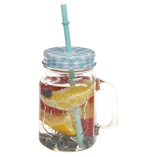 EGT 500ml Glass Drinking Cup With Handle & Straw Glasses Mason Jar Colour Lids Retro