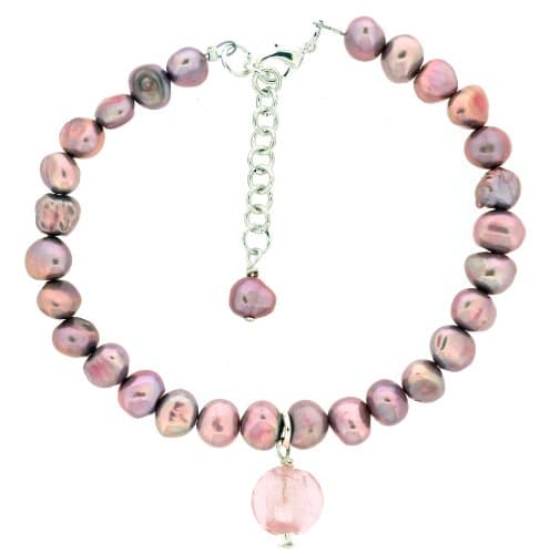 The Jewellery Factory Murano Style Lilac/Pink Bead and Fresh Water Pearl Silver Plated Bracelet of Length 23 cm