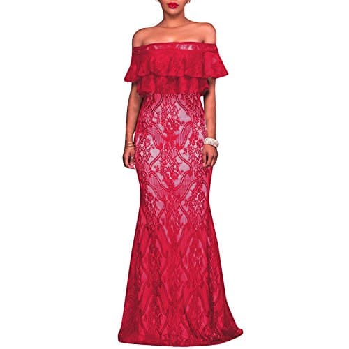 Synker Women's Off Shoulder Ruffle Floral Lace Evening Formal Bodycon Maxi Dress