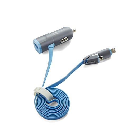 Car Charger, Dual USB Car Adaptor 24W/4.8A, built-in 1m 2-In 1 Cable Lightning Micro USB Cable for both iOS and Android Devices , most smartphones, tablet and more