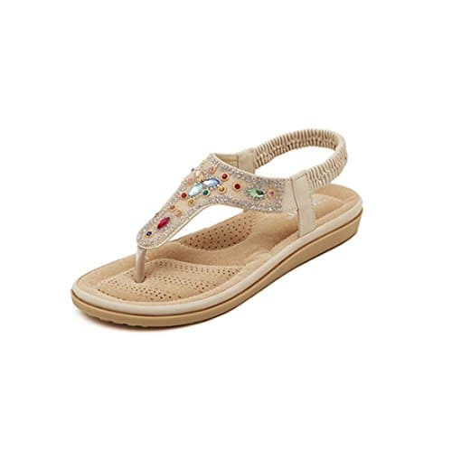 Goodful En's Bohemia Rhinestone Thong Sandals Shiny Beads Summer Beach Elastic Flat Sandals (5.5UK, Apricot)