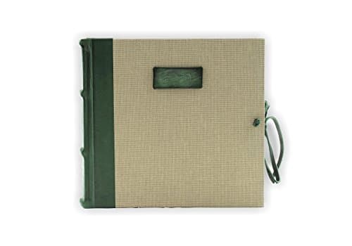 Photo Album Bound in Leather and Canvas, Green and Beige, H20xL20, Corium Collection, Hand Made in Italy by Legatoria Toscana, Tuscan Handcrafted