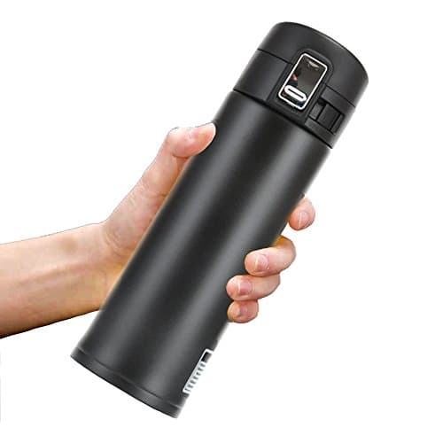 LONZOTH Double Walled Vacuum Insulated Travel Coffee Mug| Bottiglia Acciaio Inox, 450ML Bottiglia di Acqua Termica Acciaio Inox,Tazza da Viaggio/Caffè,Senza BPA,Doppia Parete Isolate Borraccia Portatile thermos per Campeggio/Viaggio/Picnic/Sport (Black)