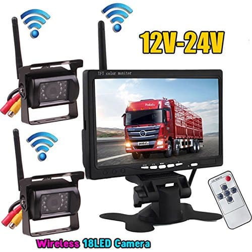 2x Wireless 18LEDs IR Night Vision Waterproof Vehicle Reversing Backup Rear View Camera + 2.4G Wireless 7" Color TFT LCD Monitor for RV Bus Truck Trailer 12V-24V