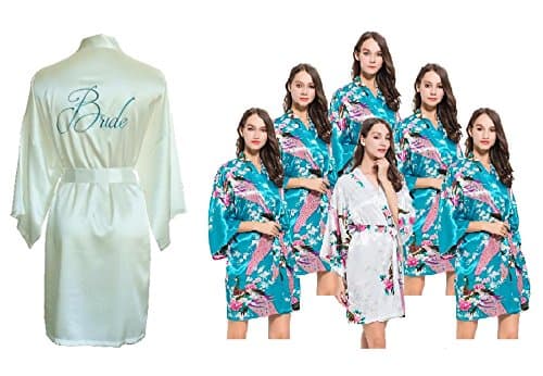 Set of 7 Satin Kimono Dressing Gowns/Robes- 1 Ivory Embroidered Bride & 6 Peacock Design, Wedding Gift/Favour for Bride & Bridesmaid
