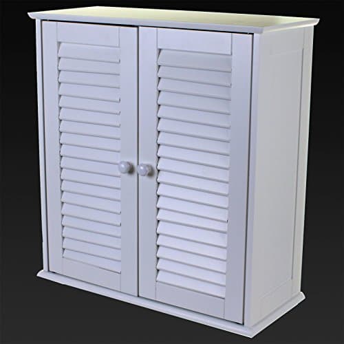 Marko Bathroom Wall Mount Cabinet Double Door Slatted Front White Wooden Shelf Storage