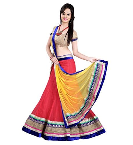 Suchi Women's Red &amp; Yellow Embroidered Net Semi Stitched Lehenga Choli