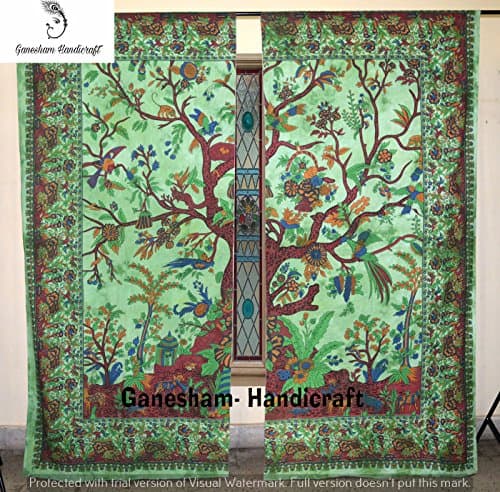 GANESHAM Tree Of Life Room Darkening Window Treatments & Valance Balcony Sheer Room Divider Bedroom Decor Handmade Wall Hanging Boho Ethnic Blackout Bohemian Mandala Curtain 2 Panel Set