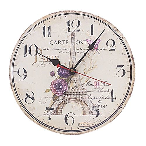 Jinberry 12" (30cm) Vintage Silent Sweep Round Wooden Wall Clock / Shabby Chic Antique Rustic French Country Clock, No Tick Retro Style 12 Inch Clock