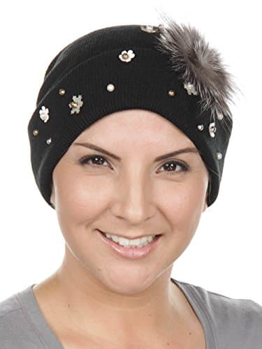 Fur Pom Pom Flower Gold Snowflake Knitted Roll Up Winter Chemo Hat Cancer Beanie Cap Black