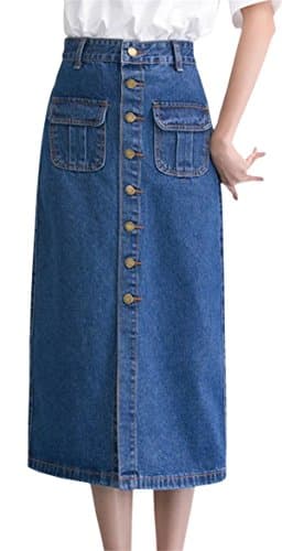 Women's Vintage Button Down High Waisted Long Midi Denim Jeans Slit Pocket Skirt