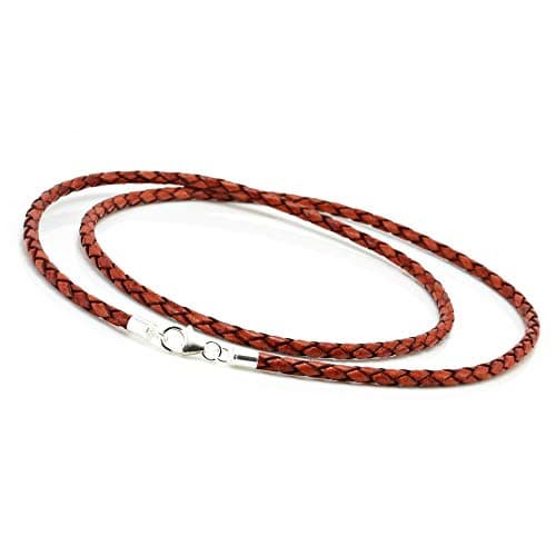 CMJ London Mens/Ladies Leather Necklace Sterling Silver Ends Clasp-Genuine Antique Red Brown Braided Leather 16" - 30" Cord