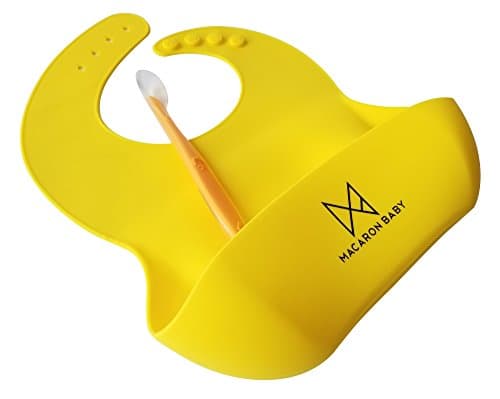 MACARON BABY waterproof silicone bibs, easy to clean, comfortable soft bibs keeps stains off, with food catcher pocket + BONUS Silicon Spoon (FDA &amp; LFGB approved, BPA FREE) (Lifting Lemon)