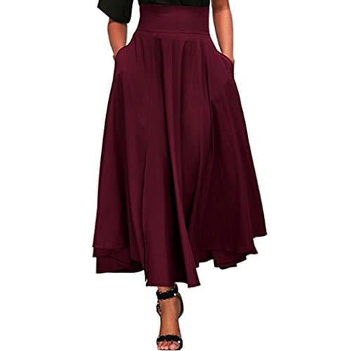 KIMODO Women's All Seasons High Waist Swing Pleated A Line Full Length Front Slit Belted Maxi Long Skirt