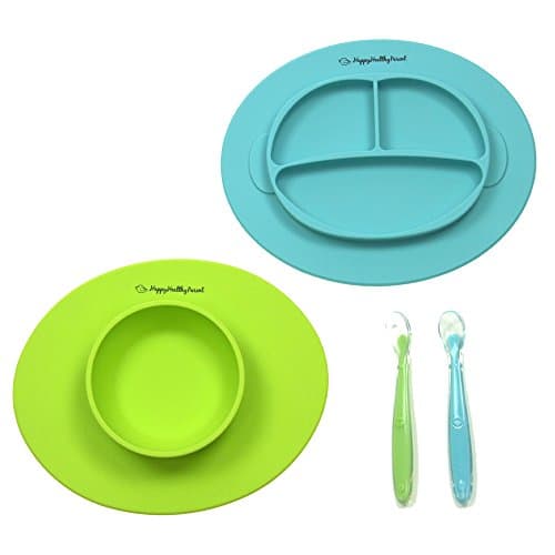 Silicone Bowl and Silicone Plate Easily Wipe Clean - Self Feeding Set Reduces Spills - Spend Less Time Cleaning After Meals with a Baby or Toddler - Set Includes 2 Colors (Lime Green/Turquoise)