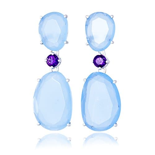 Solid Gold Drop Earrings of Sky Blue Chalcedony with Brilliant Cut Purple Amethyst Set in 14K White Gold