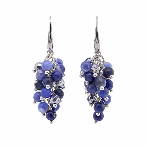 MOSNOS Handmade Faceted Silver Hematite Natural Gemstone Wrapped Earrings, Girls Gift Jewelry (Sodalite)