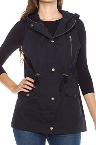 KAYLYN KAYDEN KLKD A061 Women's Drawstring Hoodie Vest Jacket with Zipper and Button Navy Small