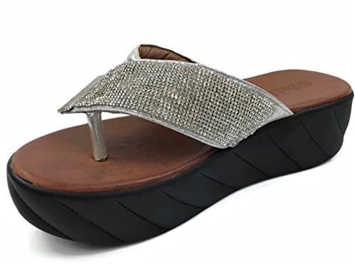 EmileDi Womens Platform Rhinestone Thong Sandal Flip-Flop With Duo Design Straps,Silver, 9