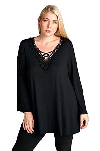 Emerald Fashion Flower Lace Criss Cross Jersey Tunic Boho Chic Plus Size (3X, Black)