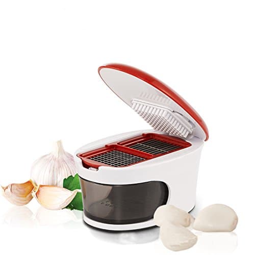 Garlic Press-3-in-1 Garlic Cube, Slicer, Chopper, Crusher and Dicer - Sharp Stainless Steel Blades, Inbuilt Clear Plastic Tray (White &amp; Red)