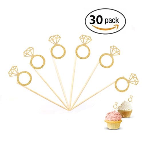 Cupcake Toppers Gold Glitter Mini Diamond Ring Wedding Cake Decorations Bridal Party Supplies Table Birthday Party Baby Shower（30 Pcs ）