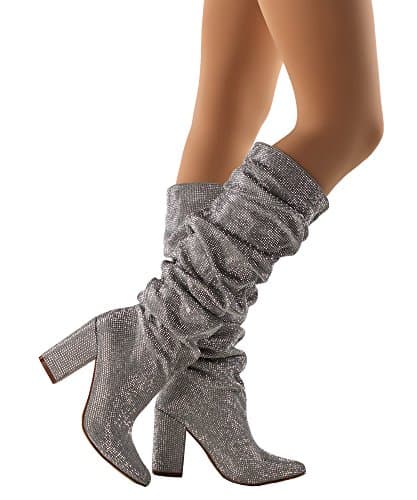 RF Shine Rhinestone Embellished Pointy Toe Slouchy Western Chunky Blocked Heel Pull On Knee High Boots Silver (9)