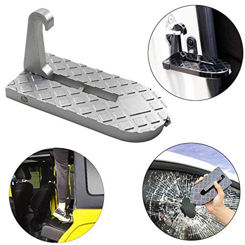 MOEBULB Car Doorstep Foot Pegs Folding Ladder Door Step Foot Pedal with Safety Hammer Vehicle Hooked on U Shaped Slam Latch Step Rails for Easy Access to Rooftop of Jeep/SUV/Truck (Silver)