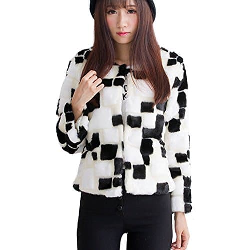 LOCOMO Women Color Check Patchwork Faux Rabbit Fur Hair Jacket FFJ023BLK