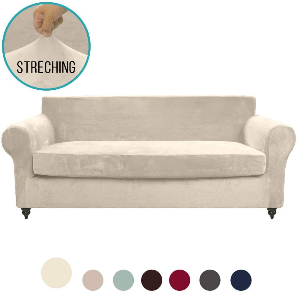 MOYMO 2-Piece Stretch Velvet Sofa Slipcover, High Stretch Couch Covers for 3 Cushion Couch, Slipcovers for Sofas, Couch Covers for Sofa, Living Room, Dogs, Sofa/Couch Cover(Sofa:Beige)