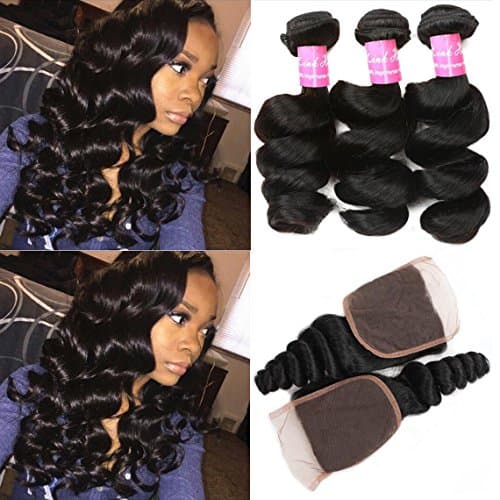 Mink Hair 7A Loose Wave Bundles with Closure (20 22 24 26+18) Unprocessed Brazilian Weave Hair Human Bundles with 4x4 Closure Free Part Natural Color