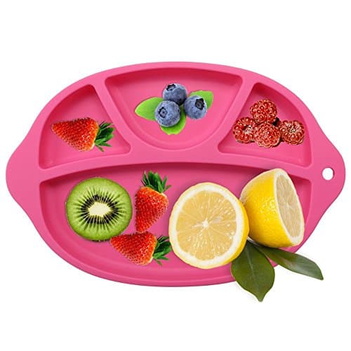 1 Pack Baby Silicone Placemat - Bowl ,Tray and Placemat ,4 Compartments plate for Kids, Babies, and Toddlers 10.8x7inches (Rose Red)