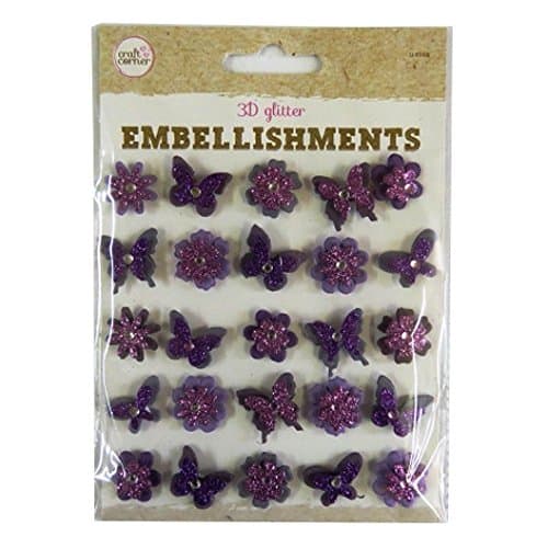 Coloured 3D Glitter Embellishments - Purple Flowers and Butterflies - by Craft Corner