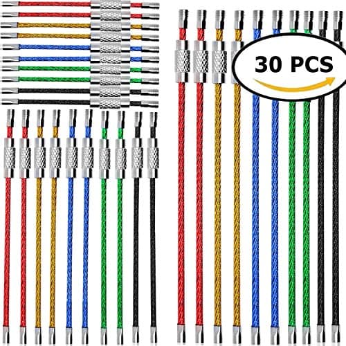 30pcs Multicolor Steel Wire Keychains, 4"6"8.6"Stainless Steel Wire Keychains 2mm Cable Key Rings for Hiking Luggage ID Tags - Red, Yellow, Blue, Green, Black