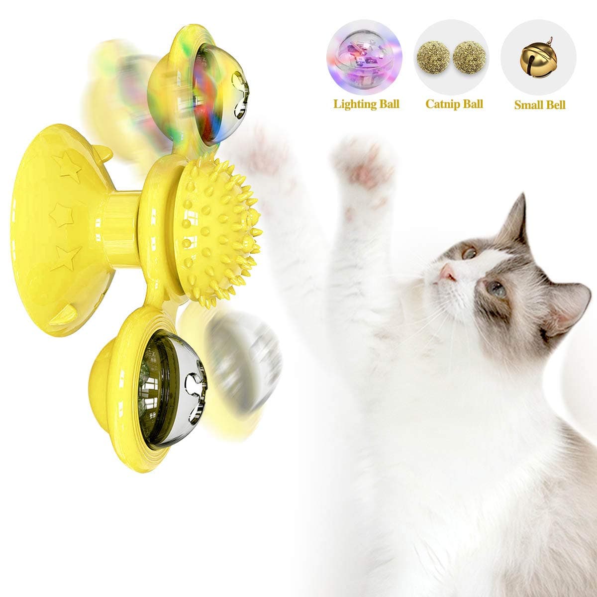 ODOLDI Windmill Cat Toy, Interactive Turntable Cat Toy with Suction Cup Portable Windmill Scratch Hair Brush Soft Silicone Washable Cat Grooming Shedding Massage for Cats