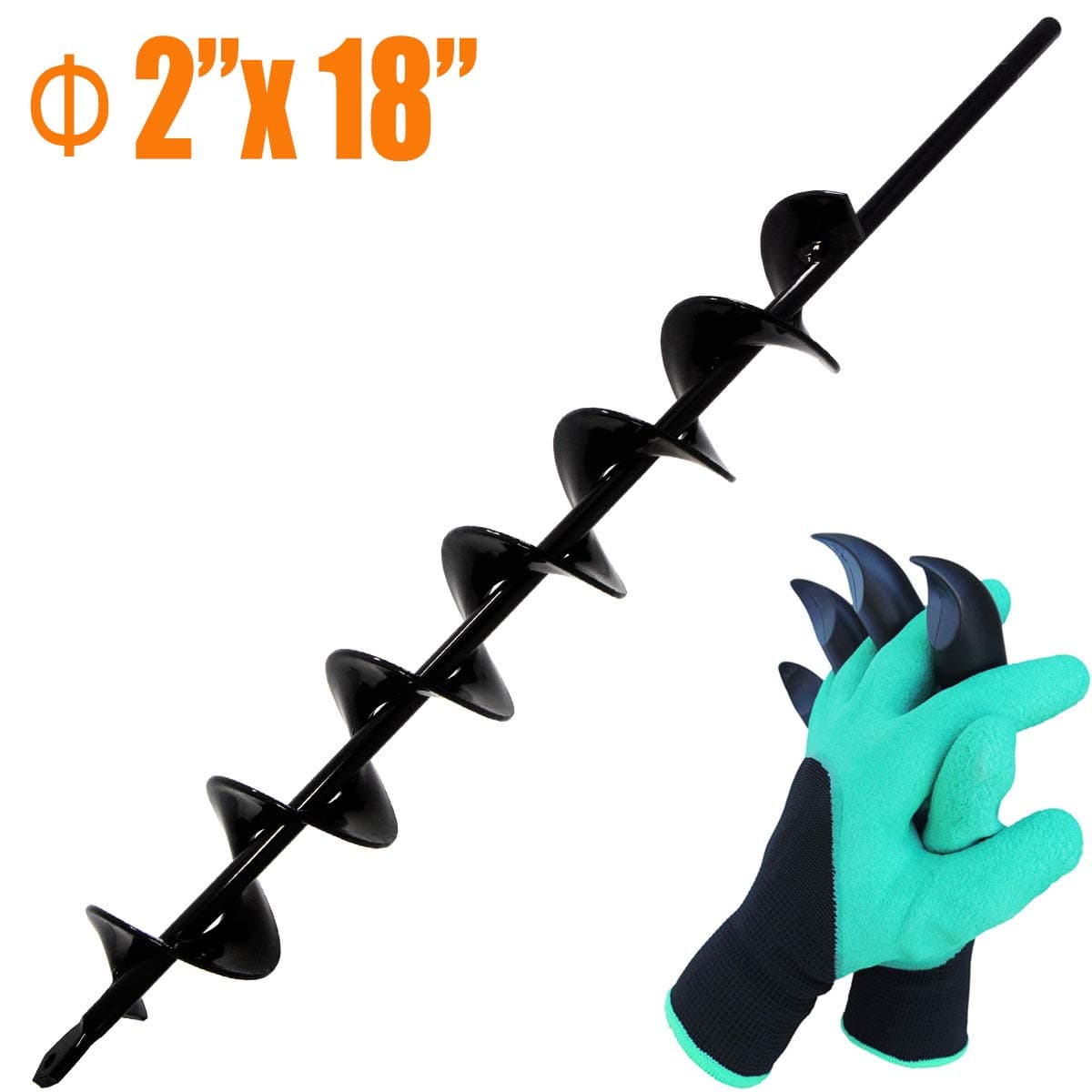Koopi Auger Drill Bit for Planting, 2" x 18" Garden Plant Flower Bulb Auger, Rapid Planter for 3/8" Hex Drive Drill, Post Hole Digger with Bonus Garden Genie Gloves (Advanced Blade)