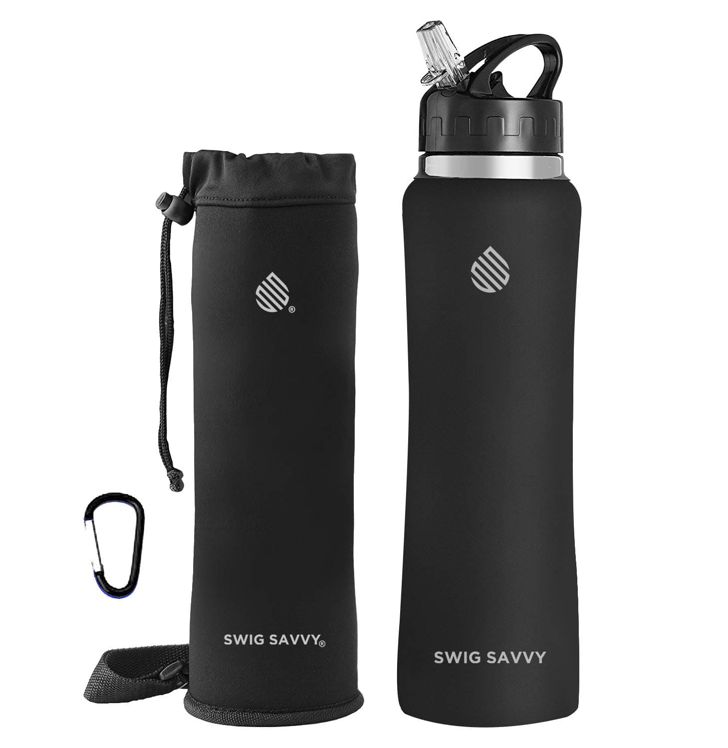 Swig Savvy Stainless Steel Insulated Water Bottle Wide Mouth Double Wall Design With Straw Flip Cap - Great For Kids - Sweat Proof - Including Water Bottles Pouch