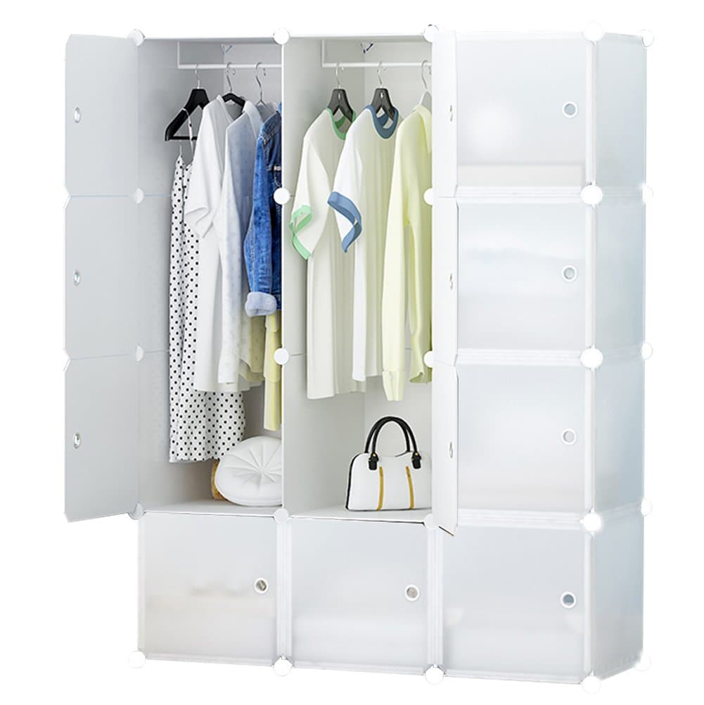 ETTBJA DIY Wardrobe Portable Translucent Clothes Organizer Modular Storage Unit Multi-Purpose Organizer (12 Cubes With 2 Hangers)
