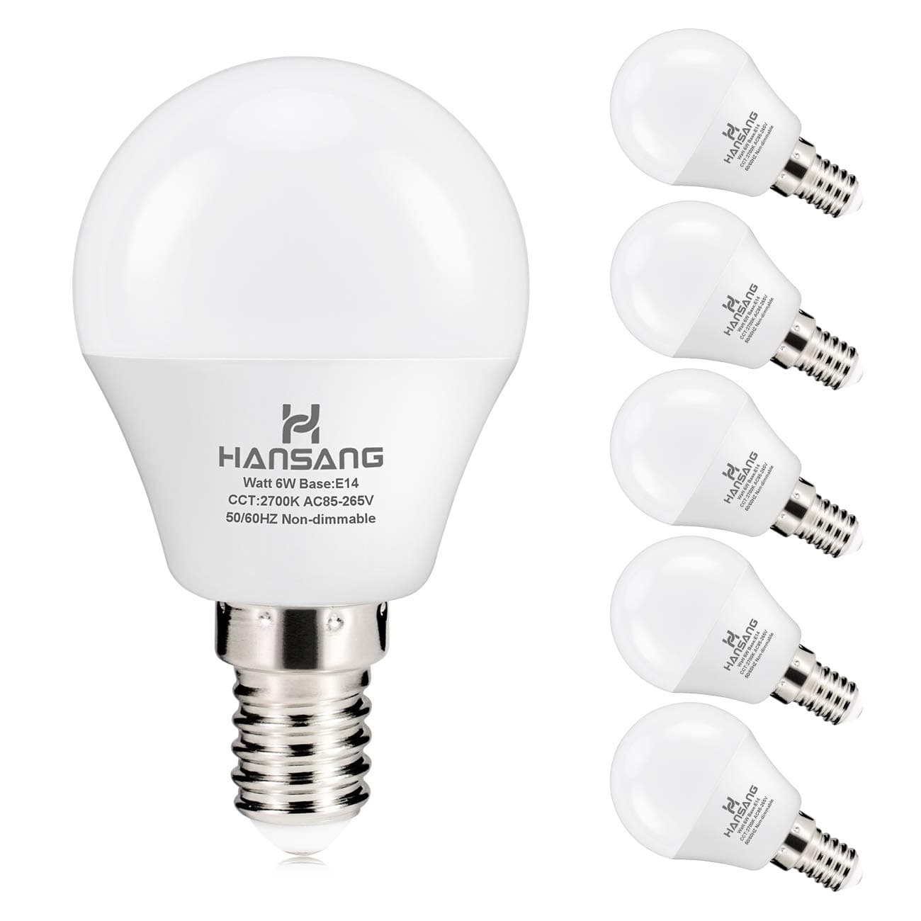 Hansang 6 watt(60w Incandescent Bulb Equilavent) G45 LED Bulbs E14 Screw Base Round Light Bulb 600 Lumen,High CRI,Warm White 2700K,600Lumen,Golf Ball Bulb Non dimmable for Ceiling Fan Pack of 6