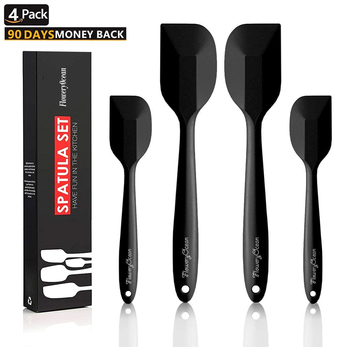 Kitchen Silicone Spatula Spoon bpa Free, Set of 4 Heat Resistant Silicone Scraper, Non Stick Kitchen Utensils Made of Steel Core Cooking Set (The Black)