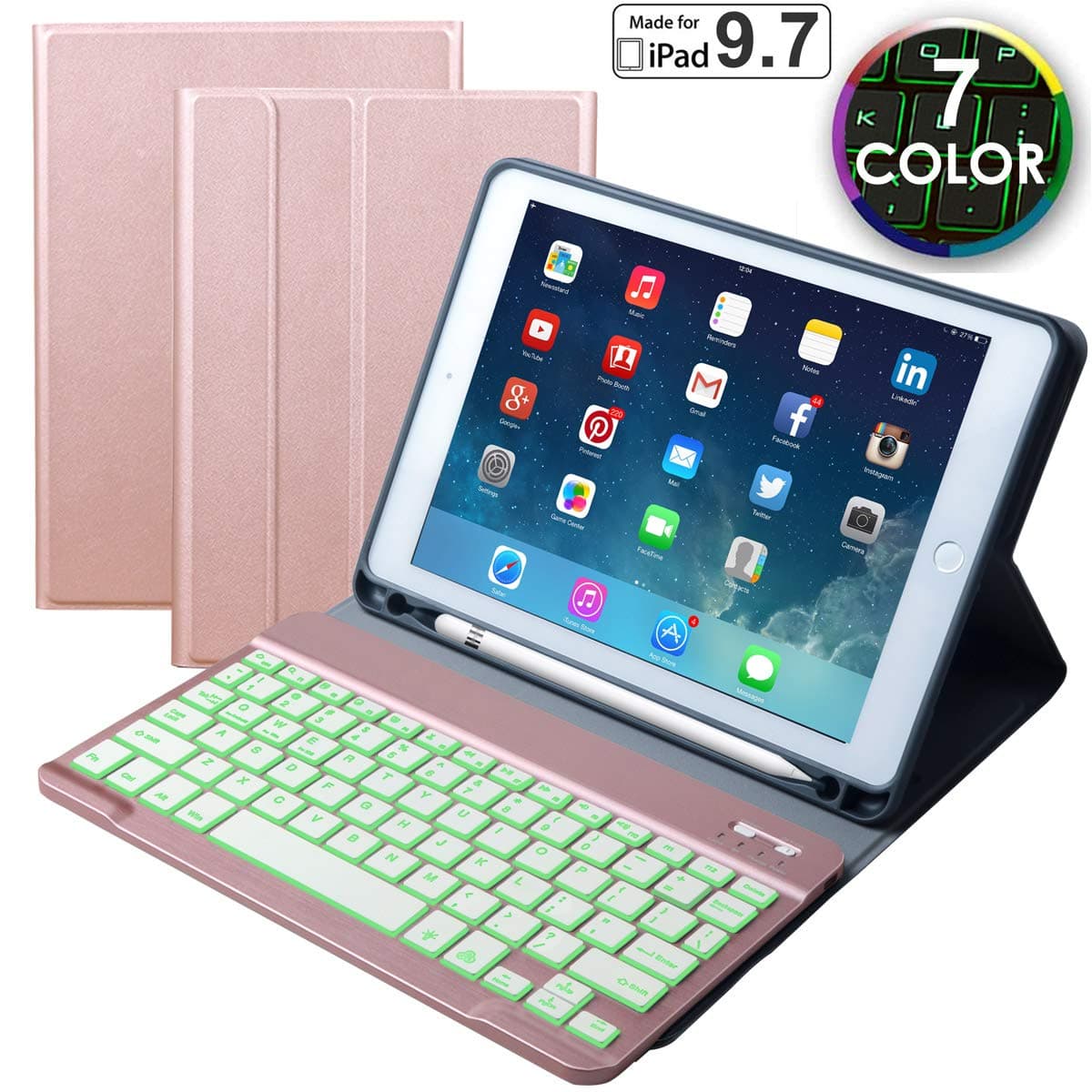 Eoso 7 Color Backlit Keyboard case for New 2018 2017 iPad Pro 9.7 iPad Air 1, 2 with Detachable Quiet Slim Leather Folio Cover Built-in Pencil Holder (for iPad 9.7", Rose Gold)
