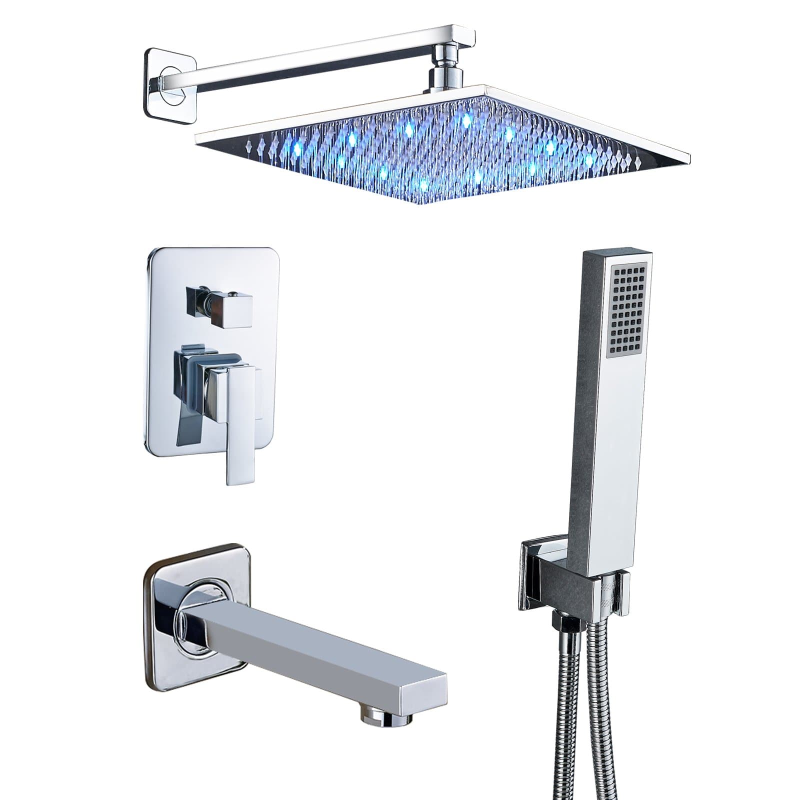 Senlesen Chrome Rain Mixer Shower Combo Set Wall Mounted 3 Way Shower System with 12" LED Light Rainfall Shower Head Handheld Shower and Tub Spout Faucet