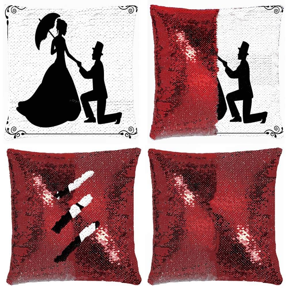 Huayuanhurug Engagement Party Kneeling Man Purposes to Crinoline Dressed Lady Under an Umbrella Sequin Throw Pillow Cover with 18x18 inch Girly Gift Pillowcase for Home Decor