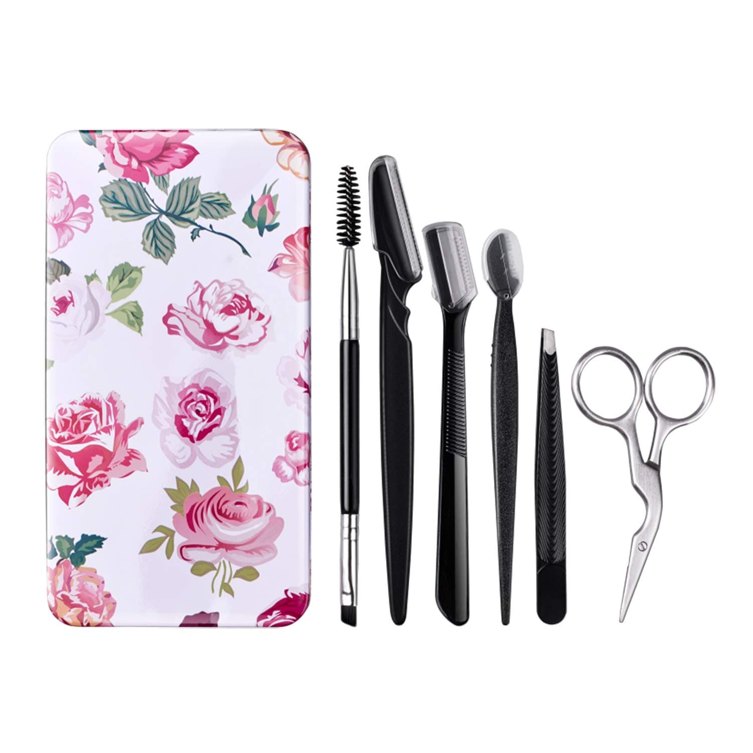 FITDON Eyebrow Grooming Set, Professional Slant Tip Tweezers & Curved Stainless Steel Scissors & 3PCS Brow Razors Trimmer & Duo Angled Eyebrow Brush with Spoolie