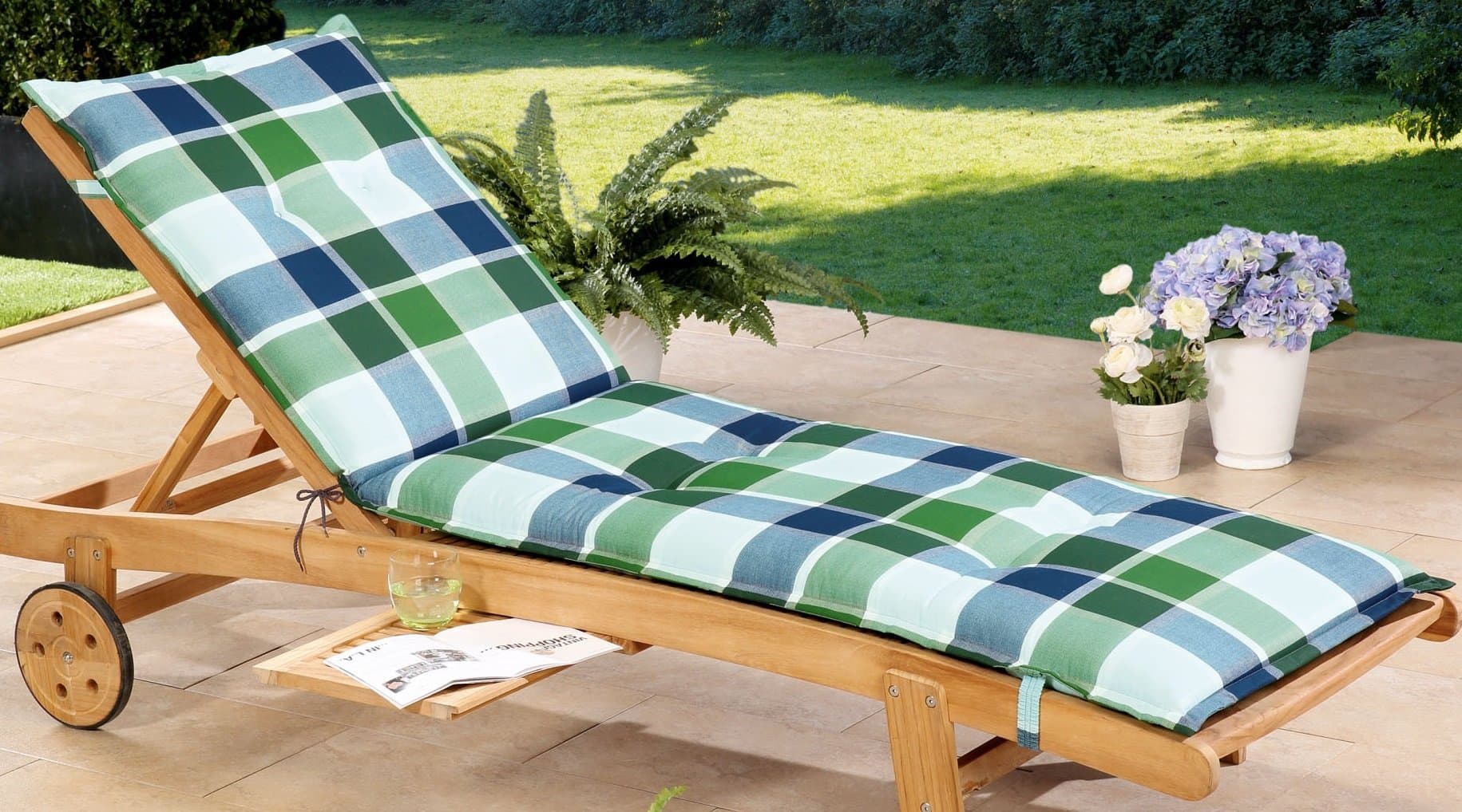 Schwar Textilien Black Fabric Lounger Reclining Garden Chair Sun Lounger Recliner Cushion Sun Lounger Cushion 8 cm thick Karomuster