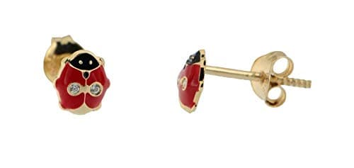 ERCE Ladybird Children's Earring Studs Enamel Animal Jewellery Cubic Zirconia 14K Solid Yellow Gold
