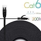 Ethernet Cable Cat6 200 Ft Flat with Cable Clips, comtelek cat 6 Ethernet Rj45 Patch Cable, slim Network Cable, thin internet computer Cable - 200 Feet Black(60 Meters)