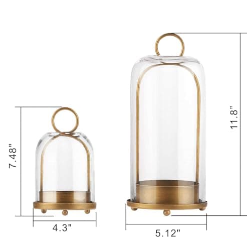 Metal Candle Holder with Glass Dome for Pillar Candle in Set of 2 in Brass Finish (2, Brass, Large & Small)